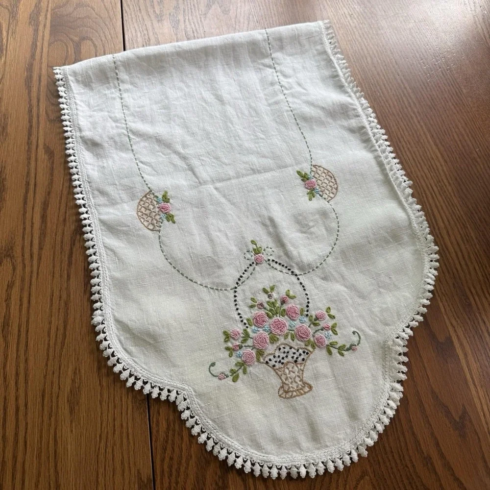 Vtg Embroidered Crochet Dresser Scarf Table Runner Flower Basket 39